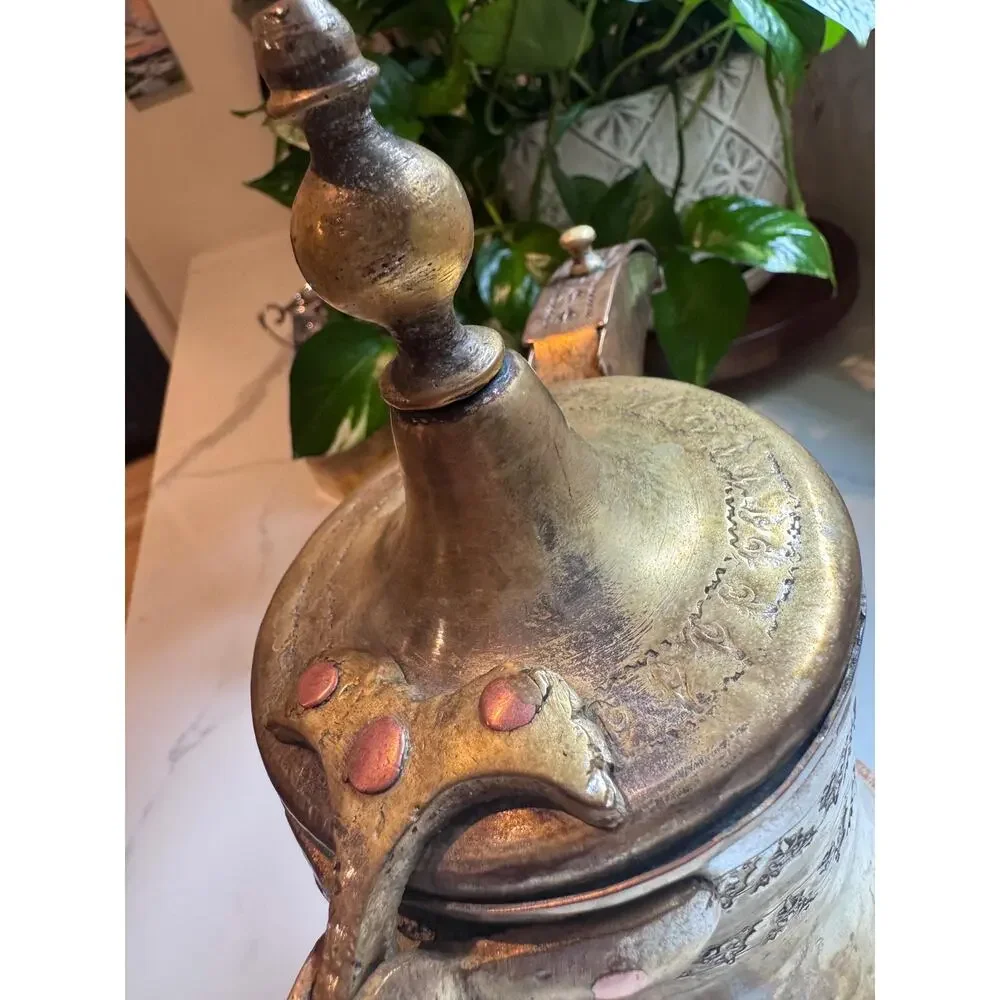Antique Brass Engraved Dallah Pot • Moroccan Pitcher Copper Accents